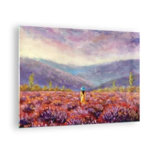 Quadro su vetro - Una figura che indossa un cappello in un campo di lavanda al tramonto - 70x50cm - Nel mondo di lavanda - Decorazione murale moderna per soggiorno e camera da letto ARTTOR