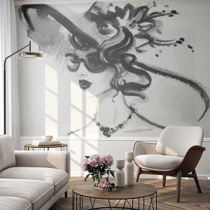 Fotomurali Standard Eco - Donna di carattere - Donna In Un Cappello, Volto di donna, Bianco e nero - 350x256 cm