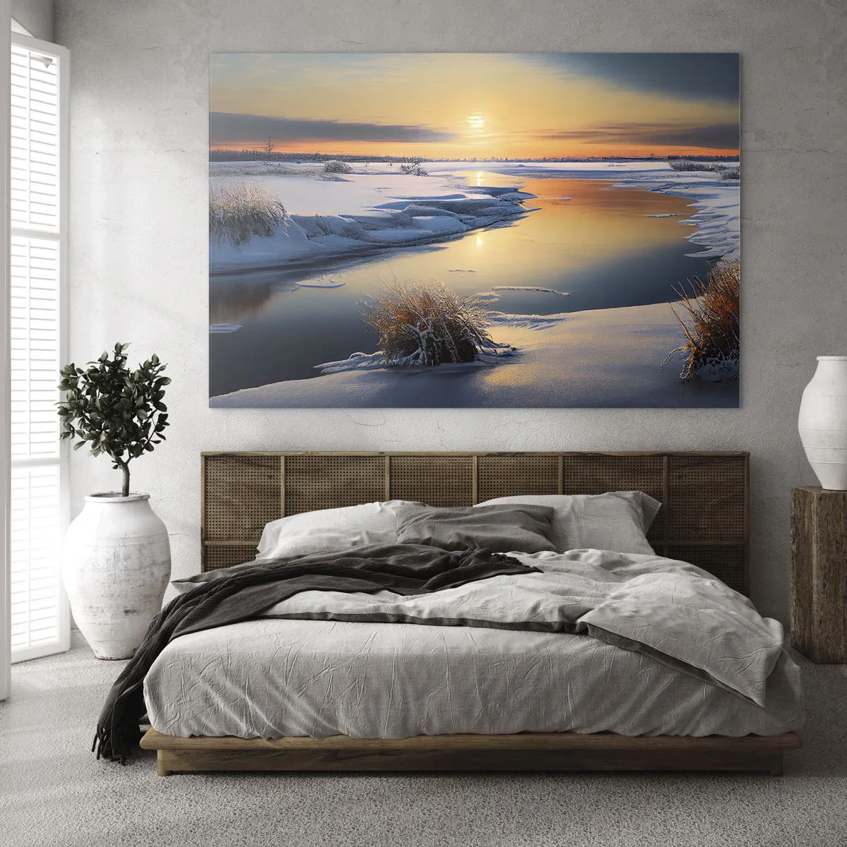 Quadro su vetro - Paesaggio invernale con tramonto su un fiume ghiacciato - 100x70cm - Tramonto invernale - Decorazione murale moderna per soggiorno e camera da letto ARTTOR