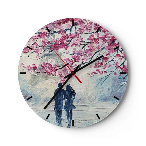 Orologio da parete - Orologio in Vetro - Un'immagine romantica di una coppia sotto alberi rosa in fiore - 30x30cm - Passeggiata romantica - Decorazione murale moderna per soggiorno, cucina e camera da letto ARTTOR