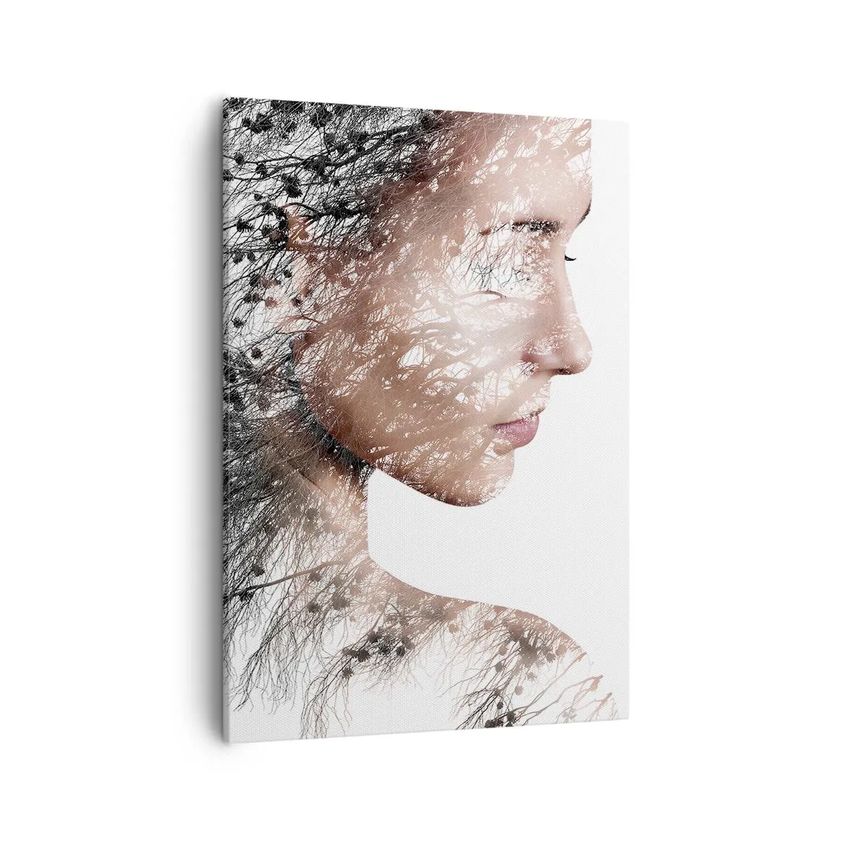 Quadro su tela - Stampe su Tela - Silhouette di una donna con un motivo di ramo e uccello sullo sfondo - 50x70cm - Lo spirito della foresta - Decorazione murale moderna per soggiorno e camera da letto ARTTOR