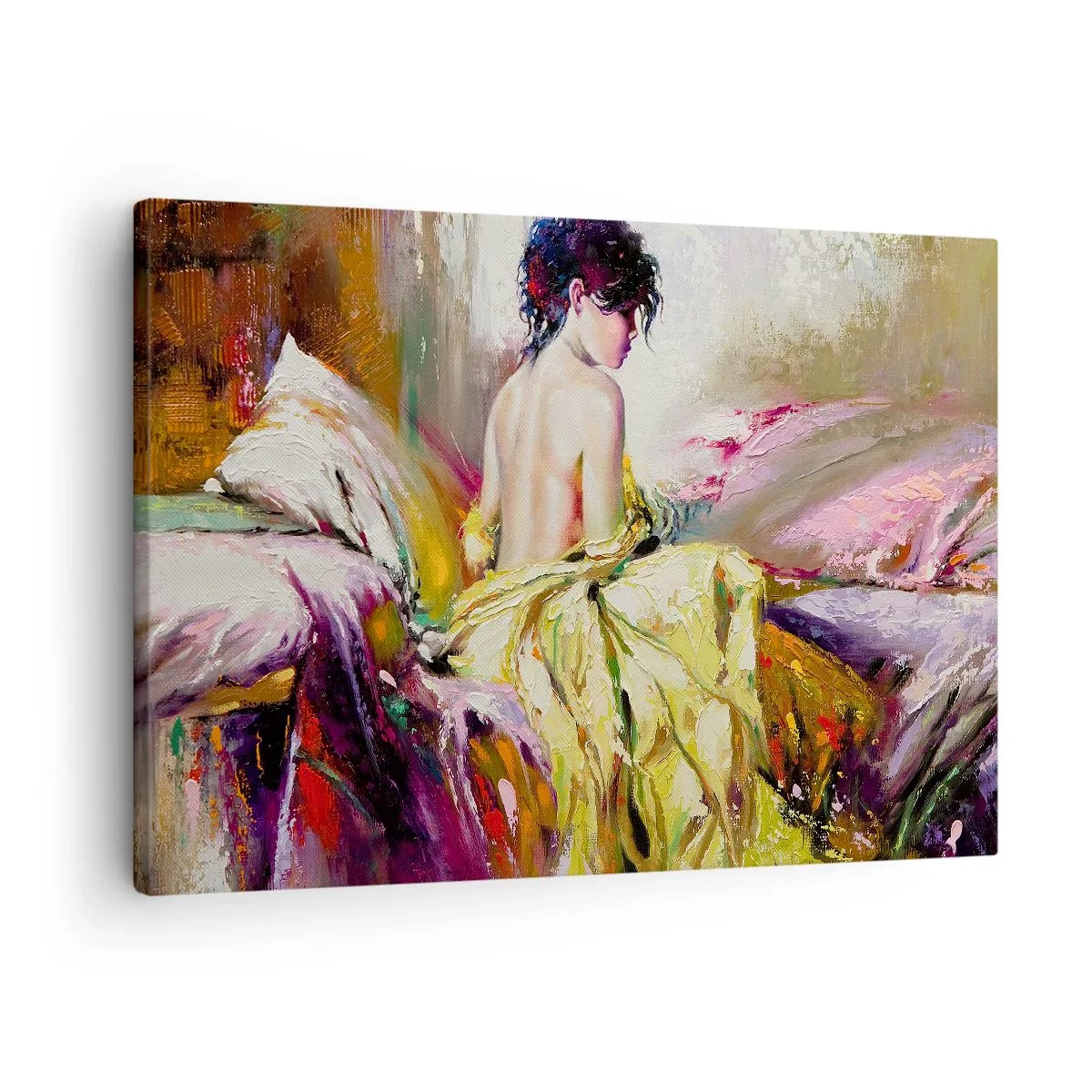 Quadro su tela - Stampe su Tela - Una scena pittorica di una donna su un letto in un'atmosfera romantica - 70x50cm - Tra la bocca e il bordo della coppa - Decorazione murale moderna per soggiorno e camera da letto ARTTOR