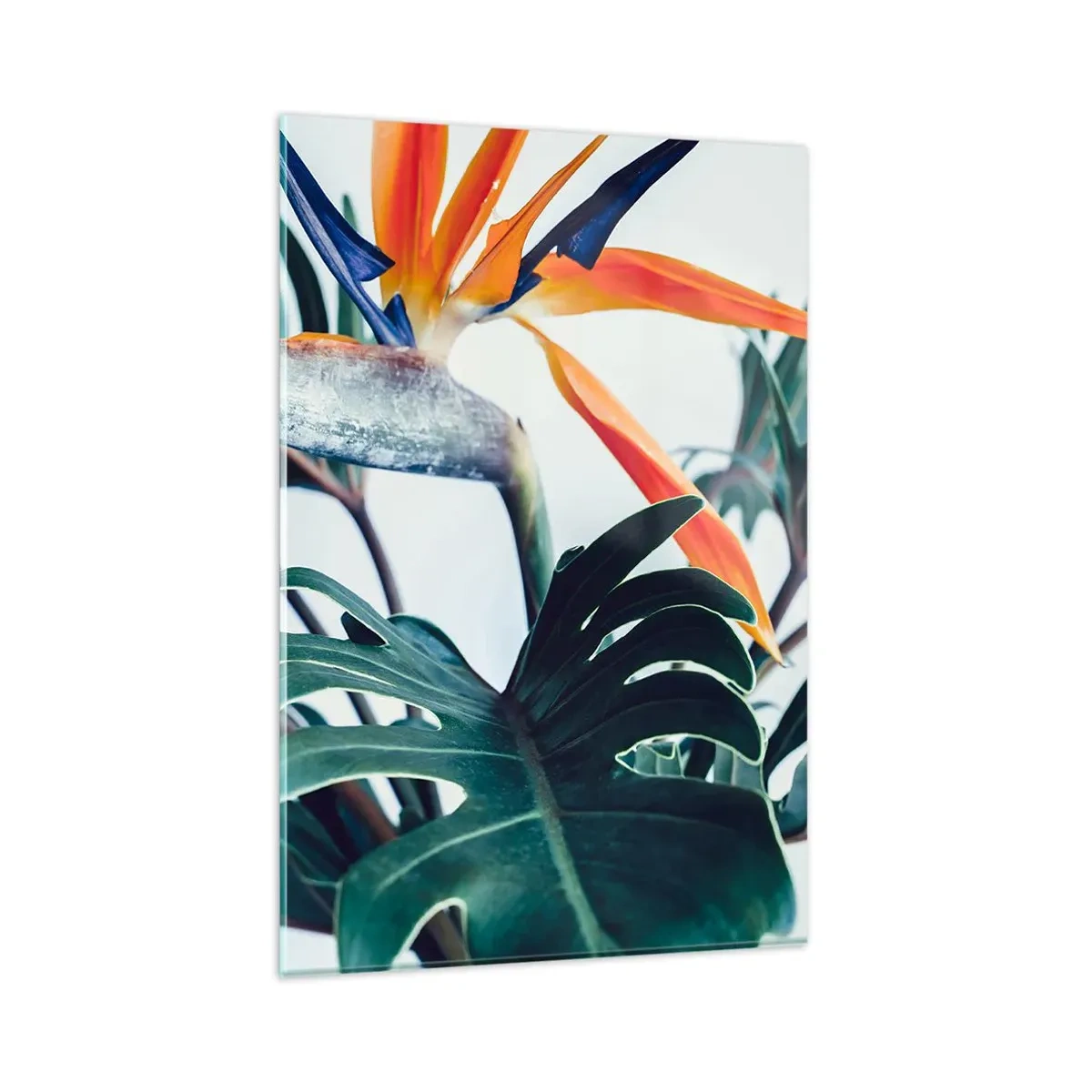 Quadro su vetro - Fiore di Strelitzia circondato da foglie in piena luce - 80x120cm - Pianta uccello - Decorazione murale moderna per soggiorno e camera da letto ARTTOR