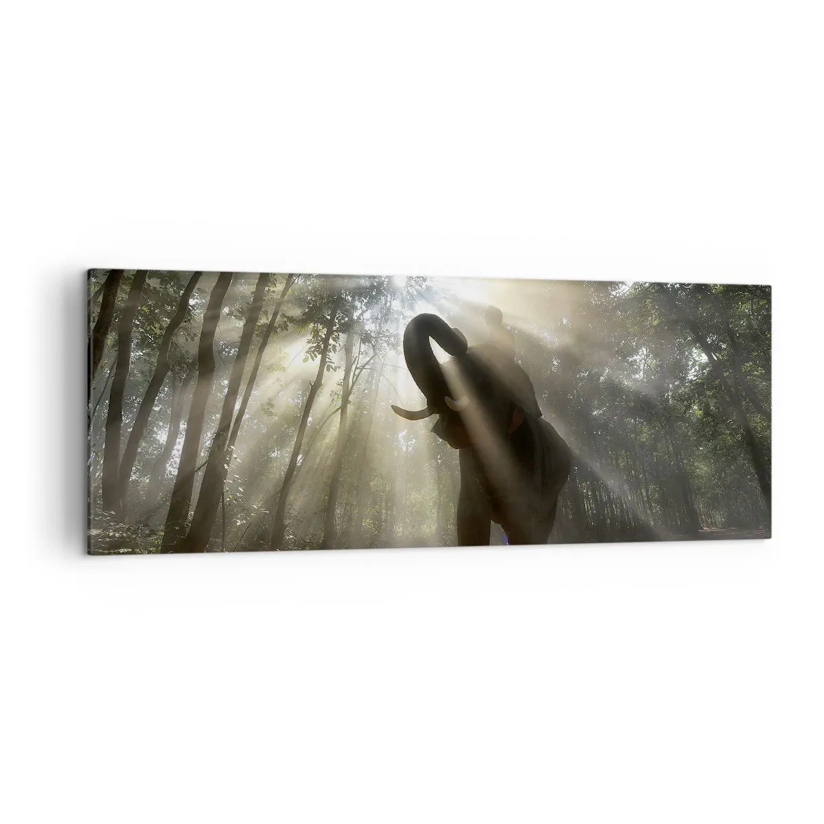 Quadro su tela - Stampe su Tela - Un elefante nella foresta circondato da raggi di luce nella nebbia mattutina - 140x50cm - Sotto una stella fortunata - Decorazione murale moderna per soggiorno e camera da letto ARTTOR