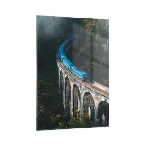 Quadro su vetro - Un treno blu che viaggia lungo un viadotto di pietra nella foresta - 50x70cm - Attrazione della natura - Decorazione murale moderna per soggiorno e camera da letto ARTTOR