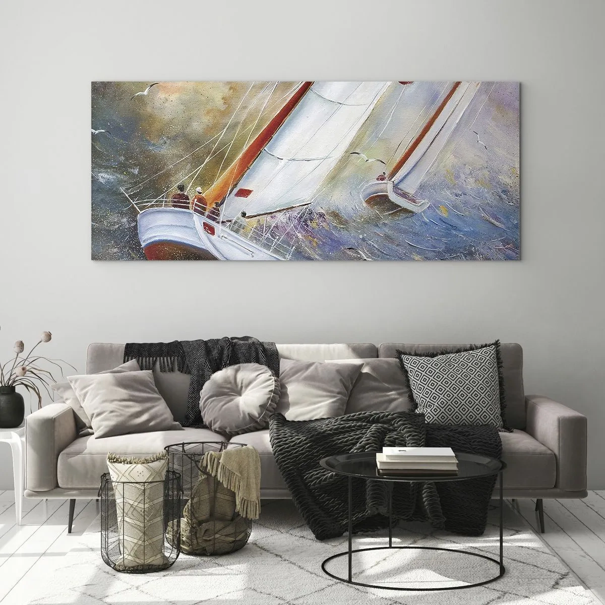 Quadro su vetro - Barche a vela su onde agitate in una composizione dinamica - 120x50cm - Correndo sulle onde - Decorazione murale moderna per soggiorno e camera da letto ARTTOR