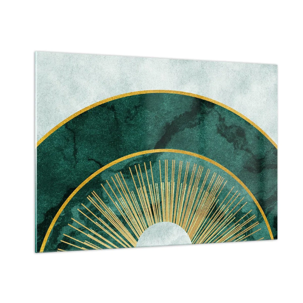 Quadro su vetro - Raggi dorati su uno sfondo di semicerchi verdi con struttura in marmo - 100x70cm - Un altro sistema solare - Decorazione murale moderna per soggiorno e camera da letto ARTTOR
