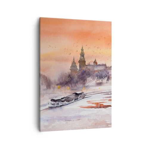 Quadro su tela - Stampe su Tela - Tramonto sul castello in uno scenario invernale - 50x70cm - Tramonto reale - Decorazione murale moderna per soggiorno e camera da letto ARTTOR