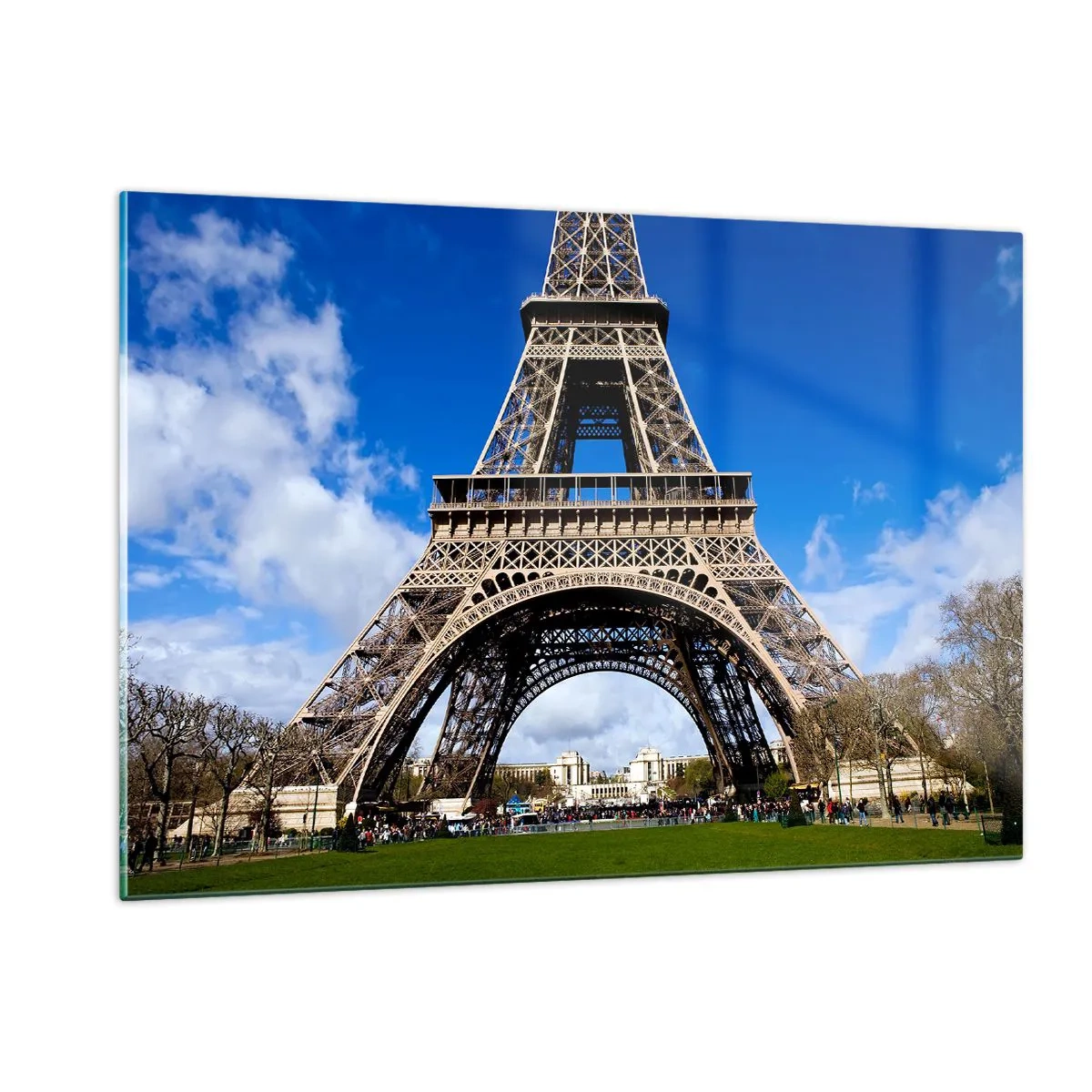 Quadro su vetro - La Torre Eiffel contro un cielo blu - 120x80cm - Tutta Parigi ai suoi piedi - Decorazione murale moderna per soggiorno e camera da letto ARTTOR