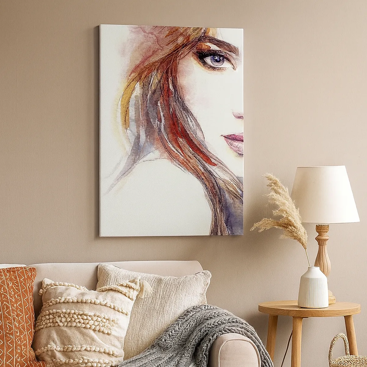 Quadro su tela - Stampe su Tela - Un delicato acquerello raffigurante il volto di una donna dallo sguardo espressivo. - 50x70cm - Vademecum: seguimi - Decorazione murale moderna per soggiorno e camera da letto ARTTOR
