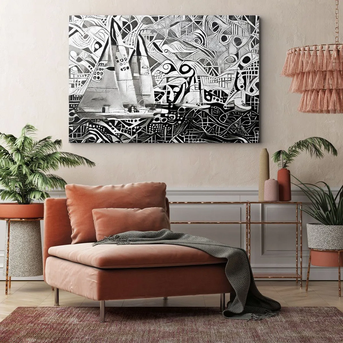 Quadro su tela - Stampe su Tela - Barche a vela astratte in una composizione monocromatica - 100x70cm - Tra le onde - Decorazione murale moderna per soggiorno e camera da letto ARTTOR