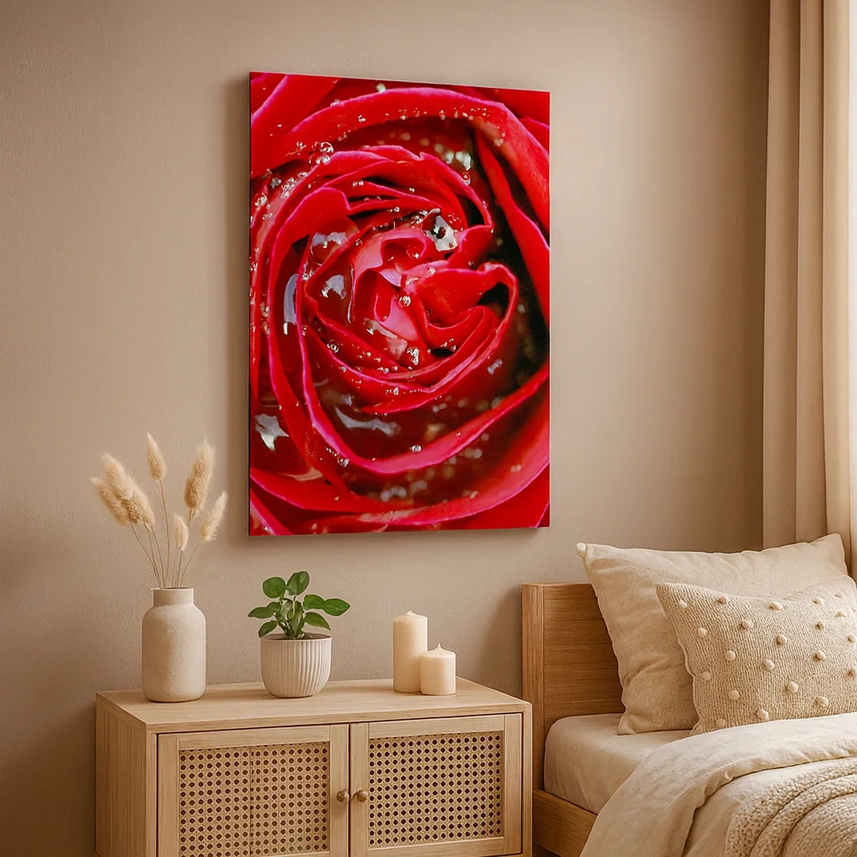Quadro su tela - Stampe su Tela - Primo piano di una rosa rossa con gocce d'acqua sui petali - 50x70cm - Nelle gocce della rugiada - Decorazione murale moderna per soggiorno e camera da letto ARTTOR