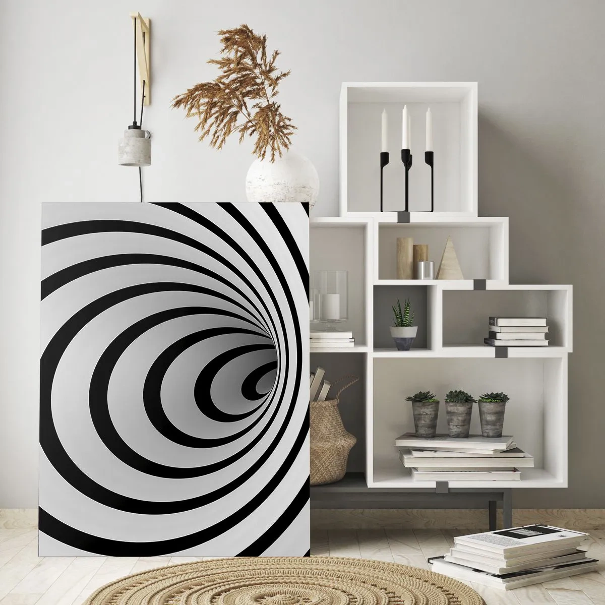 Quadro su vetro - Motivo a spirale astratto in bianco e nero - 50x70cm - Anche tu non riesci a resistere? - Decorazione murale moderna per soggiorno e camera da letto ARTTOR