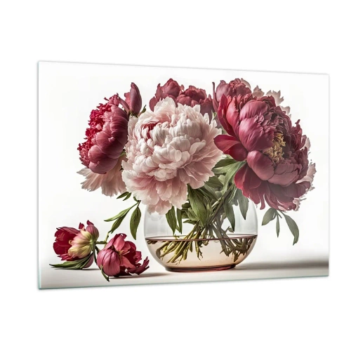 Quadro su vetro - Un bouquet di peonie in un vaso di vetro su uno sfondo chiaro - 120x80cm - Bellezza in piena fioritura - Decorazione murale moderna per soggiorno e camera da letto ARTTOR