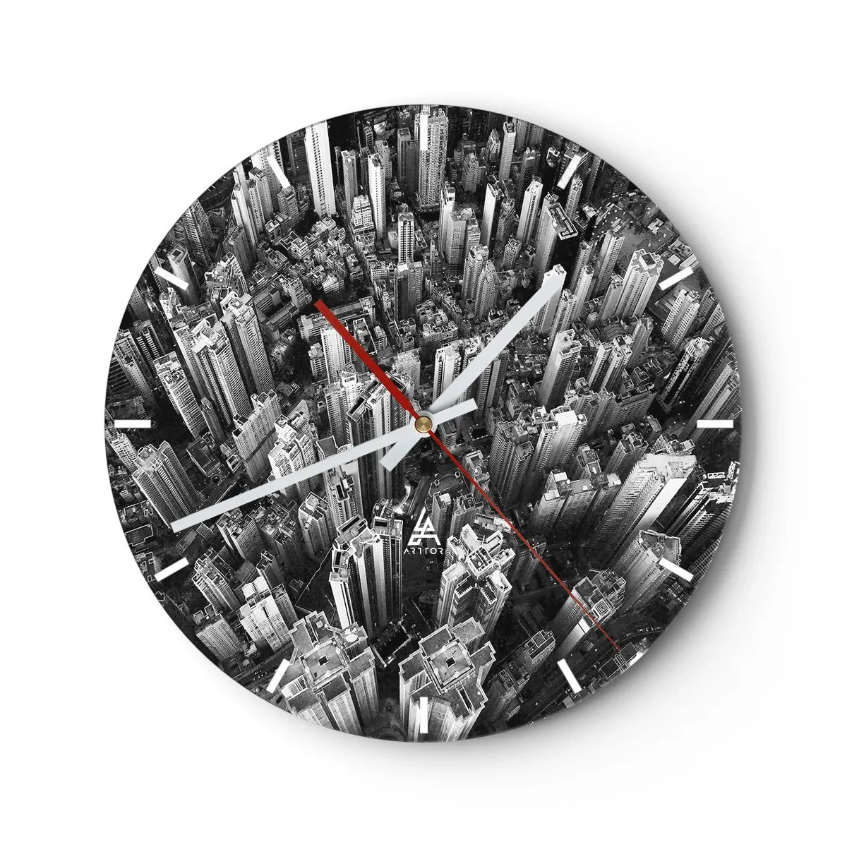 Orologio da parete - Orologio in Vetro - Una vista a volo d'uccello della città in bianco e nero - 30x30cm - Ancora più in alto - Decorazione murale moderna per soggiorno, cucina e camera da letto ARTTOR