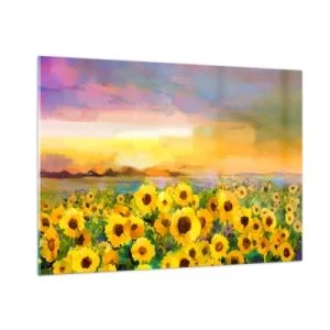 Quadro su vetro - Un campo di girasoli alla luce del sole al tramonto - 100x70cm - Il sole è sceso sulla terra - Decorazione murale moderna per soggiorno e camera da letto ARTTOR