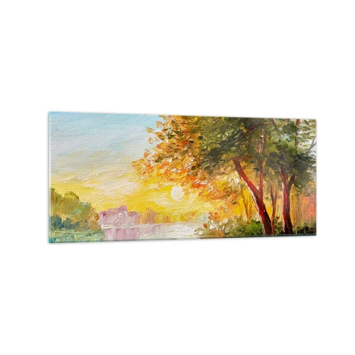 Quadro su vetro - Un paesaggio pittoresco con un fiume e alberi al tramonto - 120x50cm - Et in Arcadia ego - Decorazione murale moderna per soggiorno e camera da letto ARTTOR