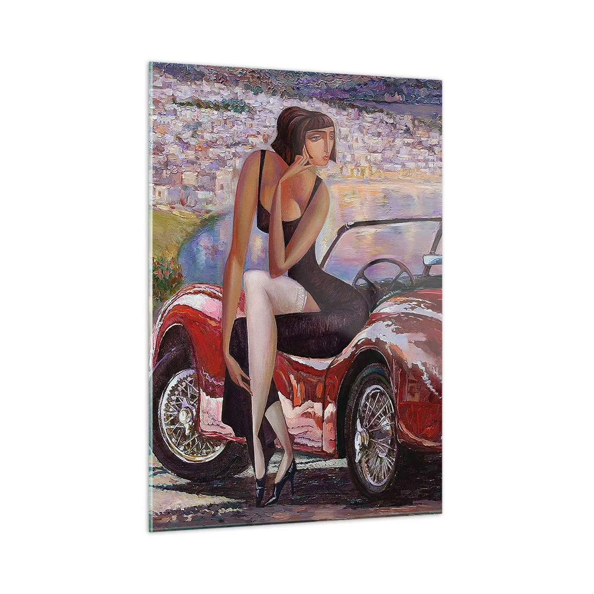 Quadro su vetro - Una donna e un cane vicino a un'auto rossa con un paesaggio sullo sfondo. - 50x70cm - Estate? Solo sulla Riviera - Decorazione murale moderna per soggiorno e camera da letto ARTTOR