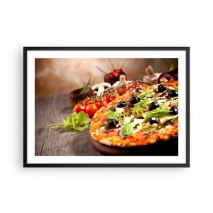 Poster in cornice nera - Pizza con olive, basilico e ingredienti freschi su fondo in legno - 70x50cm - Con ingredienti tellurici - Decorazione murale moderna per soggiorno e camera da letto ARTTOR