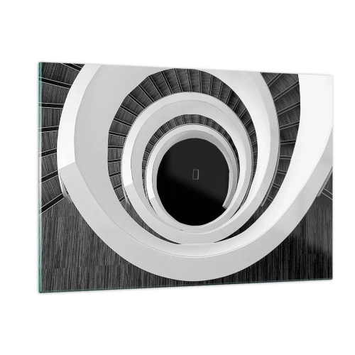Quadro su vetro - Scala a chiocciola in bianco e nero vista dall'alto - 120x80cm - Verso l'essenza delle cose - Decorazione murale moderna per soggiorno e camera da letto ARTTOR