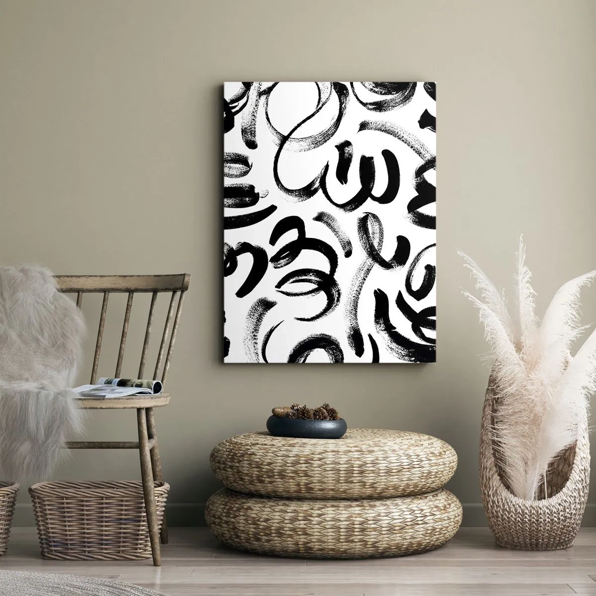Quadro su tela - Stampe su Tela - Pennellate astratte nere su sfondo bianco - 50x70cm - Nero su bianco - Decorazione murale moderna per soggiorno e camera da letto ARTTOR