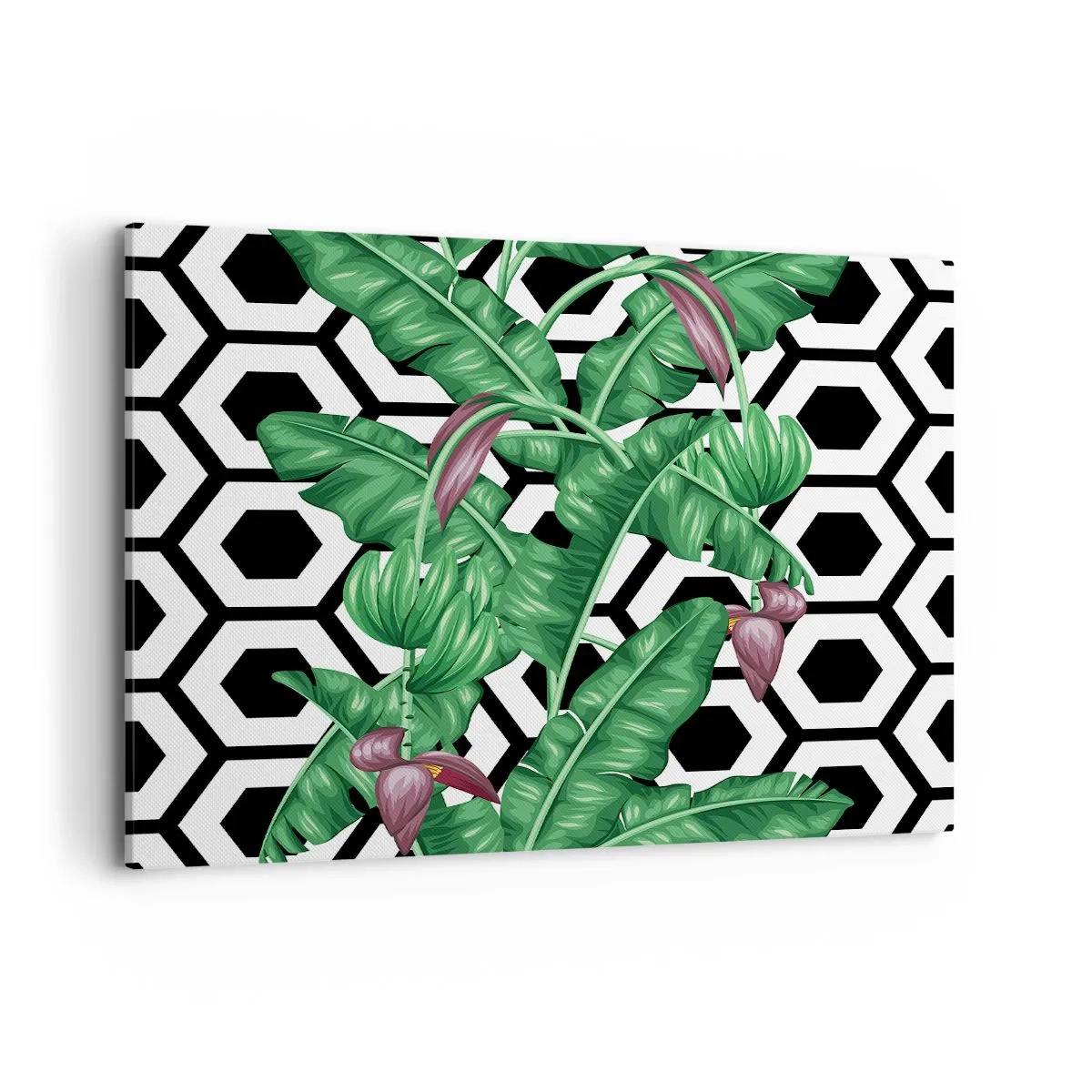 Quadro su tela - Stampe su Tela - Foglie tropicali su sfondo geometrico - 120x80cm - Composizione simmetrica con la natura - Decorazione murale moderna per soggiorno e camera da letto ARTTOR