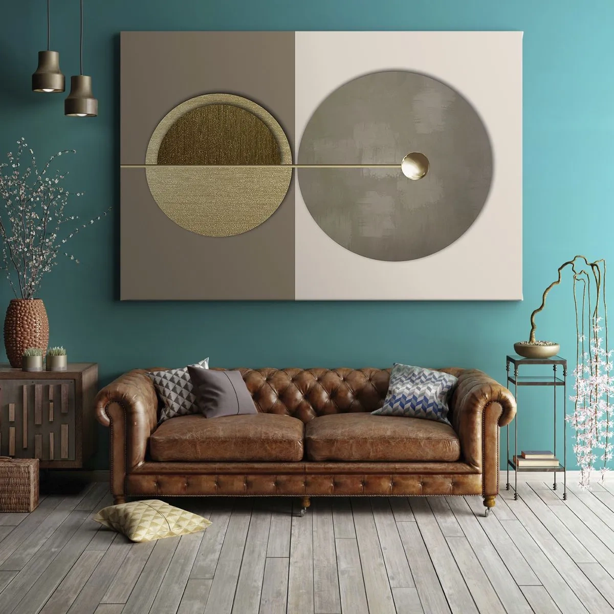 Quadro su tela - Stampe su Tela - Cerchi astratti nei toni dell'oro e del beige - 100x70cm - Equilibrio perfetto - Decorazione murale moderna per soggiorno e camera da letto ARTTOR