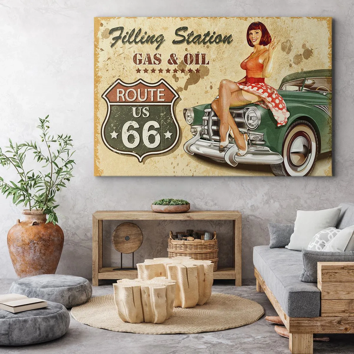 Quadro su tela - Stampe su Tela - Poster retrò della Route 66 con ragazza pin-up e macchina - 120x80cm - I fantastici anni '40 - Decorazione murale moderna per soggiorno e camera da letto ARTTOR