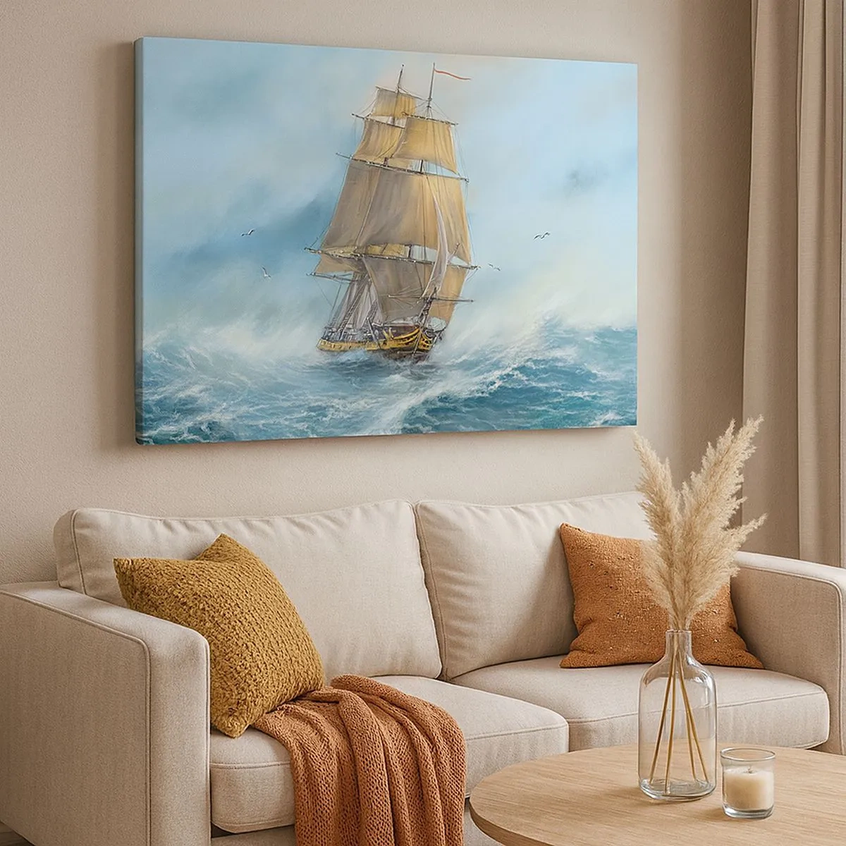 Quadro su tela - Stampe su Tela - Una nave a vela in un mare in tempesta - 70x50cm - Frangendo i flutti - Decorazione murale moderna per soggiorno e camera da letto ARTTOR