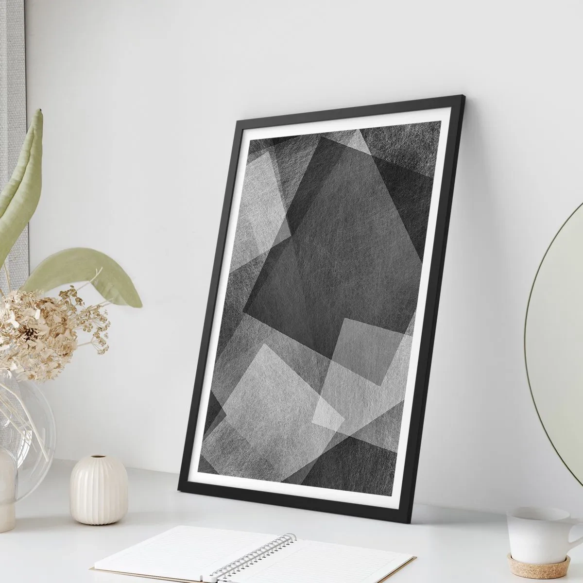 Poster in cornice nera - Astrazione in bianco e nero con forme geometriche - 50x70cm - Simbolo eterno di ordine e durata - Decorazione murale moderna per soggiorno e camera da letto ARTTOR