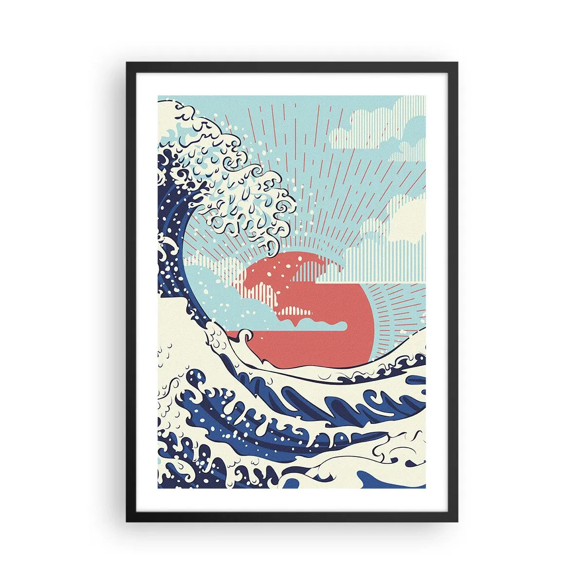 Poster in cornice nera - Onda grafica di ispirazione giapponese con un sole rosso - 50x70cm - Di ispirazione giapponese - Decorazione murale moderna per soggiorno e camera da letto ARTTOR