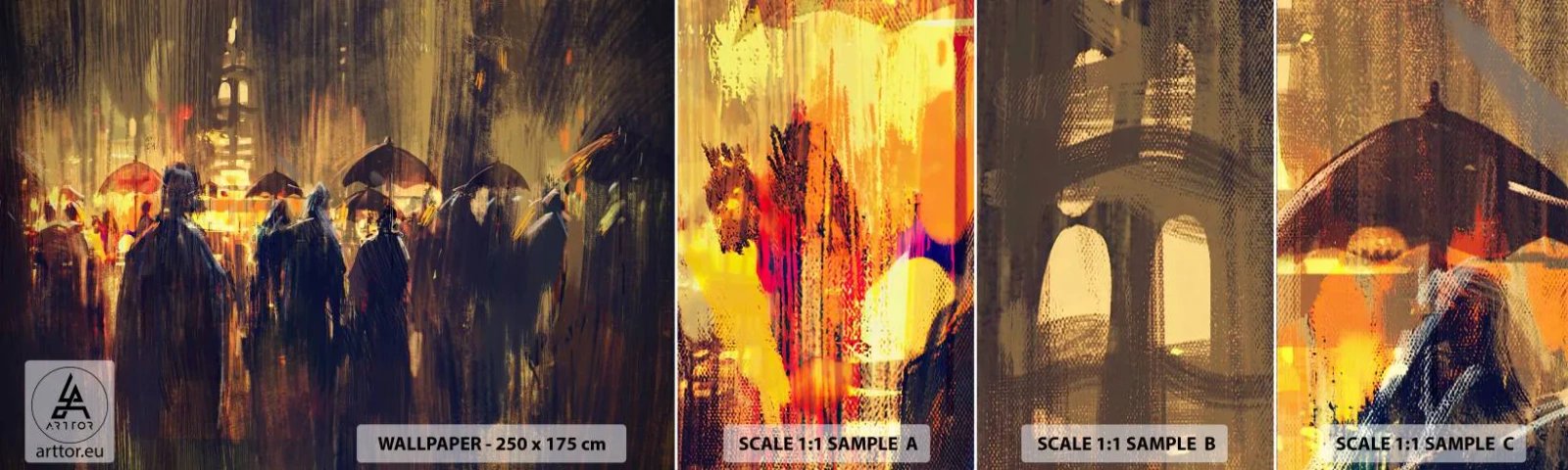 Campione di Fotomurale Adesivo Deluxe Sticker - Gli adoratori della pioggia - Città, Persone, Ombrello - 100x30 cm