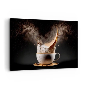 Quadro su tela - Stampe su Tela - Una tazza di caffè con un'esplosione dinamica di liquido su uno sfondo nero. - 120x80cm - Esplosione di sapore - Decorazione murale moderna per soggiorno e camera da letto ARTTOR