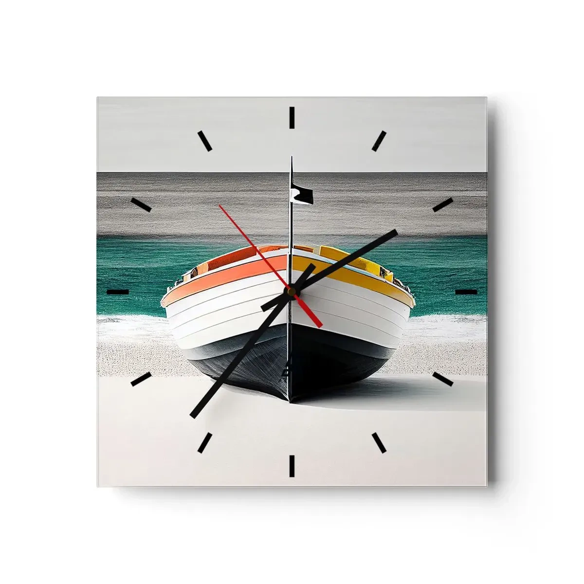 Orologio da parete - Orologio in Vetro - Una barca sulla spiaggia con un mare turchese sullo sfondo - 30x30cm - Al suo posto - Decorazione murale moderna per soggiorno e camera da letto ARTTOR