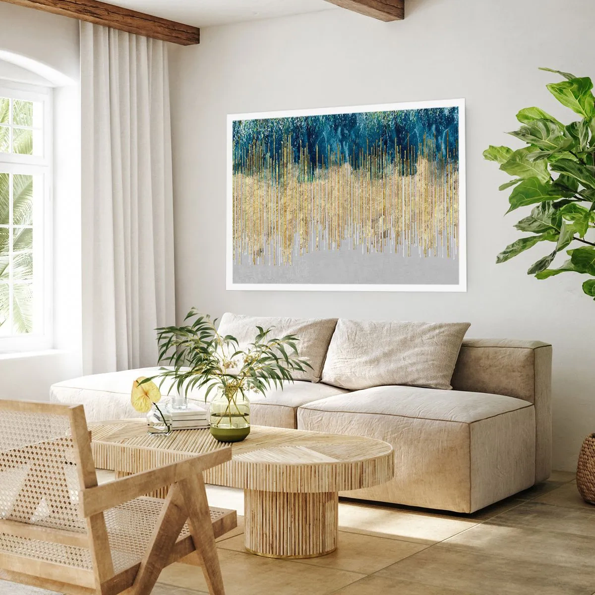 Poster - Linee dorate su uno sfondo di blu navy e grigio astratto - 100x70cm - Confine dorato - Decorazione murale moderna per soggiorno e camera da letto ARTTOR
