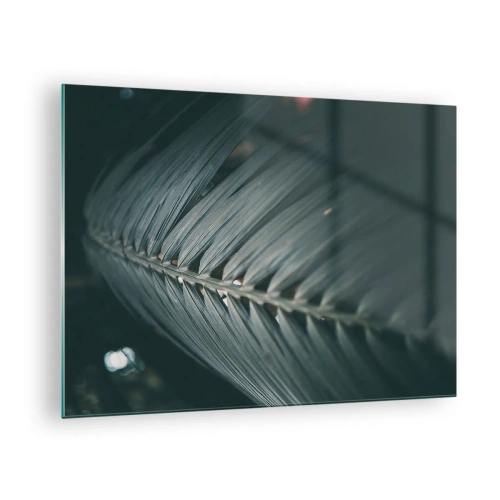 Quadro su vetro - Primo piano di una foglia di palma verde scuro con riflesso di luce - 70x50cm - La precisione della natura - Decorazione murale moderna per soggiorno e camera da letto ARTTOR