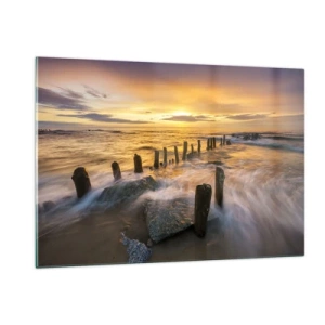 Quadro su vetro - Tramonto sul mare con pali di legno sulla spiaggia - 120x80cm - La bellezza selvatica del Baltico - Decorazione murale moderna per soggiorno e camera da letto ARTTOR