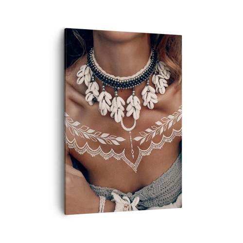 Quadro su tela - Stampe su Tela - Stile boho con gioielli di conchiglie e motivo in pizzo - 50x70cm - Talismani, rituali di femminilità - Decorazione murale moderna per soggiorno e camera da letto ARTTOR