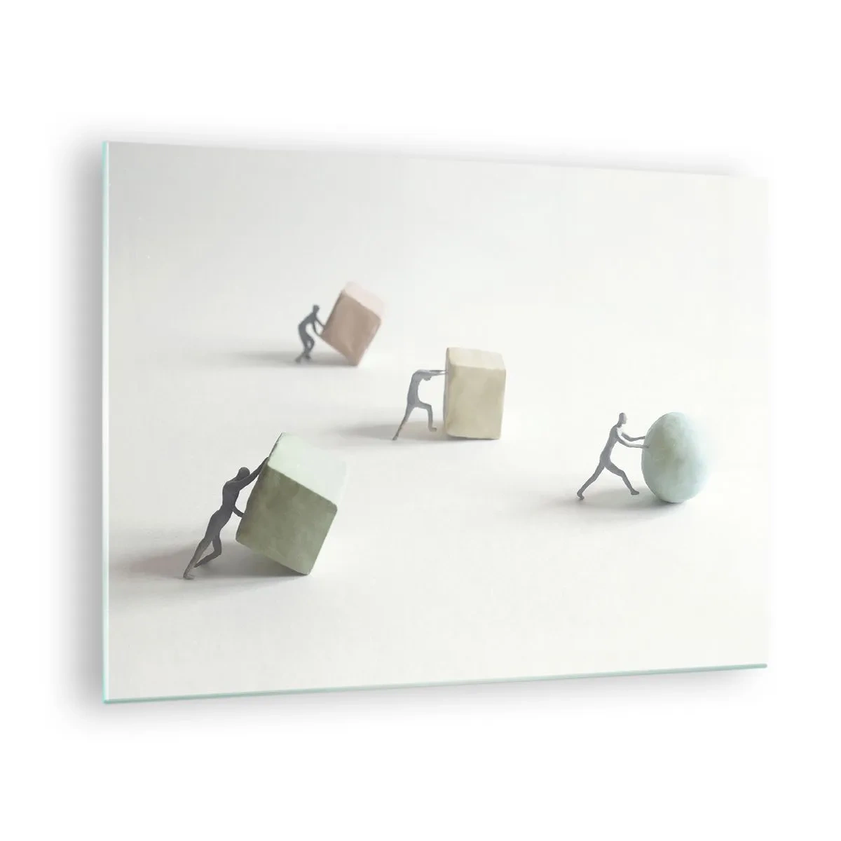 Quadro su vetro - Le figure in miniatura rotolano e spingono forme geometriche. - 70x50cm - È la vita - Decorazione murale moderna per soggiorno e camera da letto ARTTOR