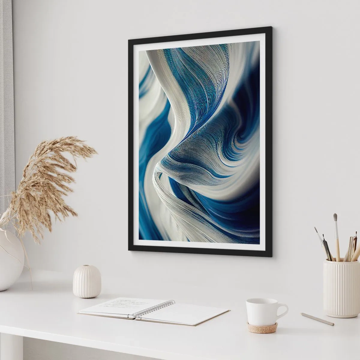 Poster in cornice nera - Onde astratte nei toni del blu navy e del bianco - 50x70cm - Fluidità di blu e di bianco - Decorazione murale moderna per soggiorno e camera da letto ARTTOR