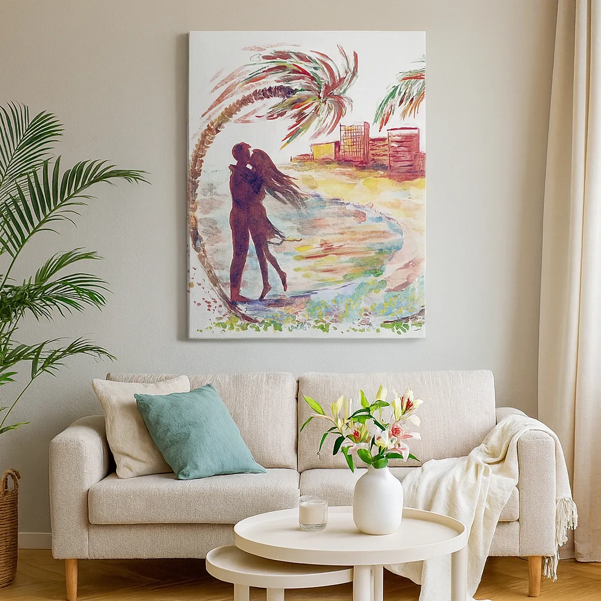 Quadro su tela - Stampe su Tela - Scena romantica di coppia su una spiaggia con palme in acquerello - 50x70cm - Vacanze romantiche - Decorazione murale moderna per soggiorno e camera da letto ARTTOR