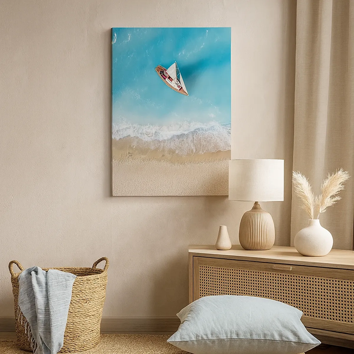 Quadro su tela - Stampe su Tela - Una vista a volo d'uccello di una barca sulla spiaggia - 50x70cm - Al confine del blu e dell'oro - Decorazione murale moderna per soggiorno e camera da letto ARTTOR