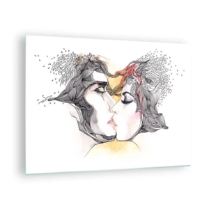 Quadro su vetro - Coppia astratta che si bacia con motivi artistici - 70x50cm - E il mondo scompare - Decorazione murale moderna per soggiorno e camera da letto ARTTOR
