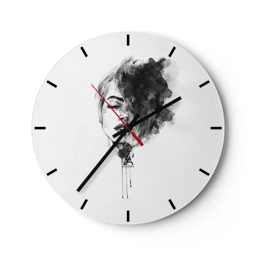 Orologio da parete - Orologio in Vetro - Dipinto ad acquerello in bianco e nero del volto di una donna con effetto fumo - 30x30cm - Cosa sogna la ragazza - Decorazione murale moderna per soggiorno, cucina e camera da letto ARTTOR