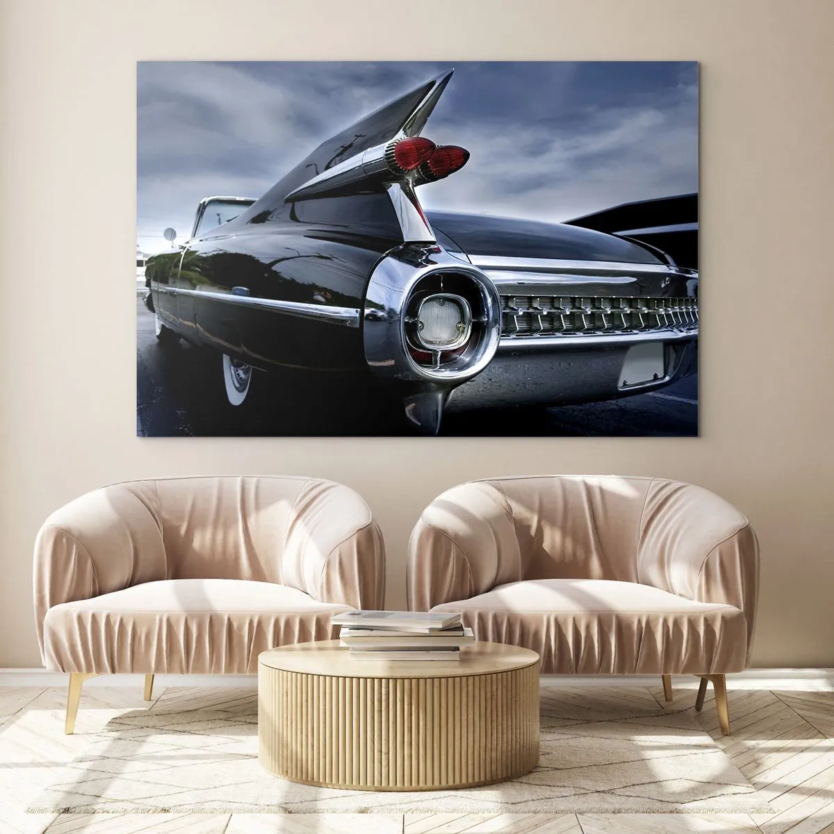 Quadro su vetro - Eleganti fanali posteriori per auto d'epoca in vernice nera lucida - 100x70cm - Proprio per questo è bella! - Decorazione murale moderna per soggiorno e camera da letto ARTTOR
