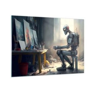 Quadro su vetro - Un robot che dipinge quadri in uno studio d'arte - 70x50cm - Atto creativo - Decorazione murale moderna per soggiorno e camera da letto ARTTOR