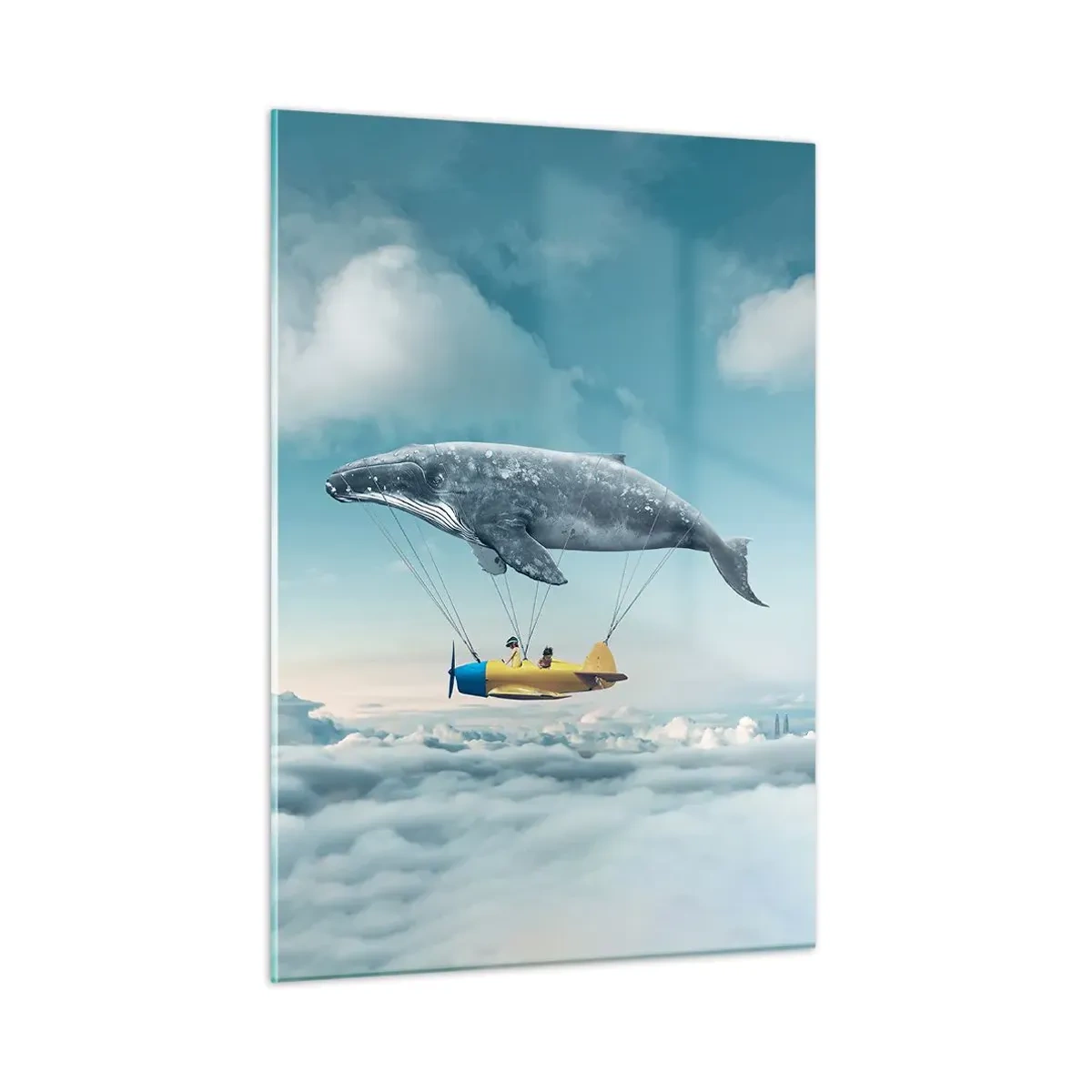 Quadro su vetro - Una balena solleva un aereo sopra le nuvole in un'ambientazione surreale. - 50x70cm - Perché no? - Decorazione murale moderna per soggiorno e camera da letto ARTTOR