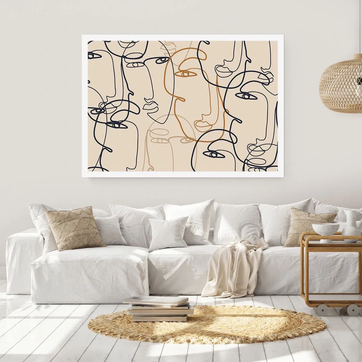 Poster - Volti minimalisti in stile line art su sfondo chiaro - 100x70cm - Ritratto multiplo - Decorazione murale moderna per soggiorno e camera da letto ARTTOR