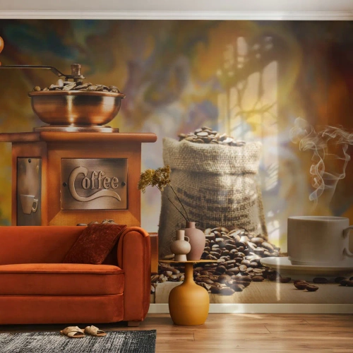 Fotomurali Premium Sand - Un macinacaffè, un sacchetto di chicchi e una tazza di caffè fumante - 100x70cm - Scricchiolio dei chicchi, tintinnio del macinino - Decorazione murale moderna per soggiorno e camera da letto ARTTOR