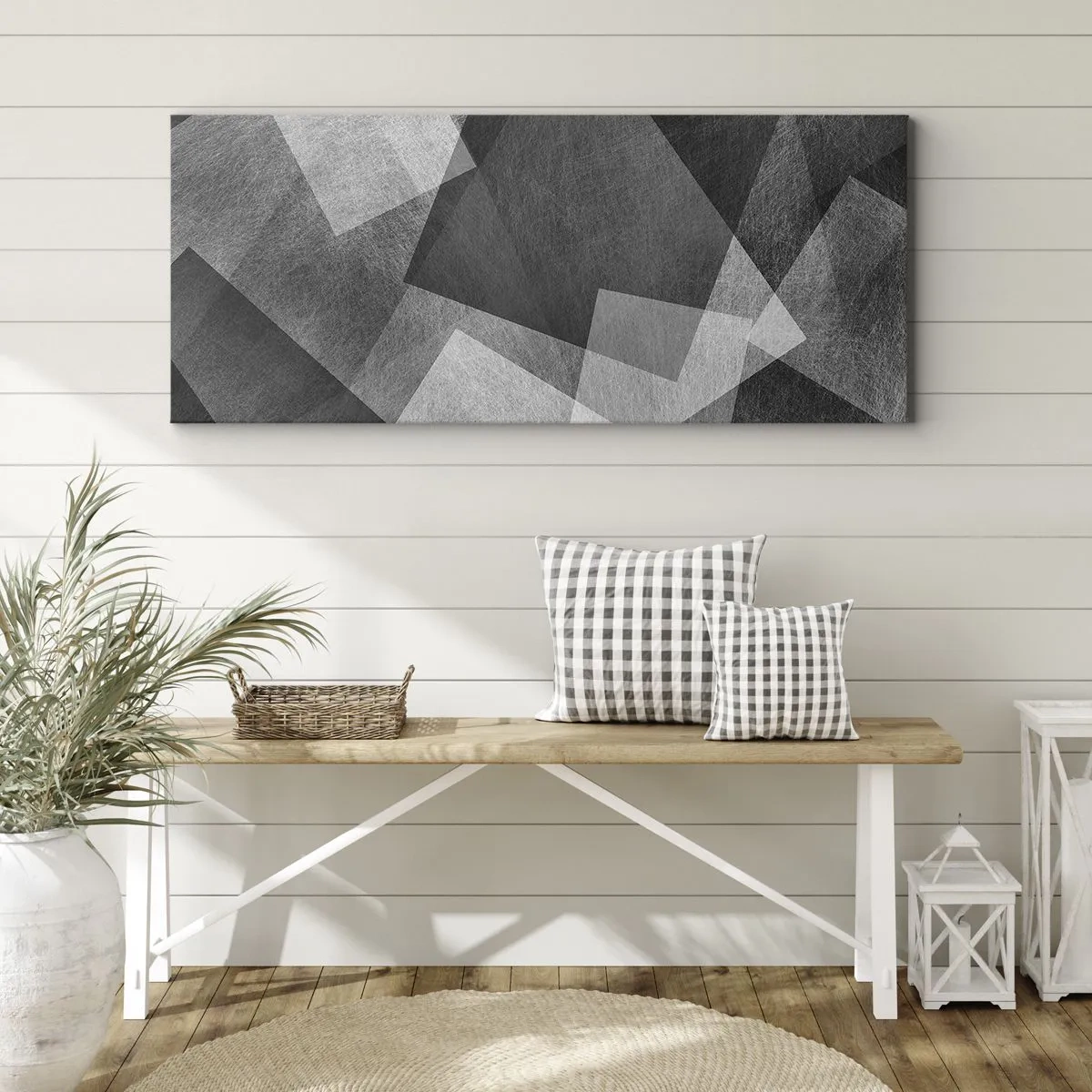 Quadro su tela - Stampe su Tela - Astrazione in bianco e nero con forme geometriche - 120x50cm - Simbolo eterno di ordine e durata - Decorazione murale moderna per soggiorno e camera da letto ARTTOR